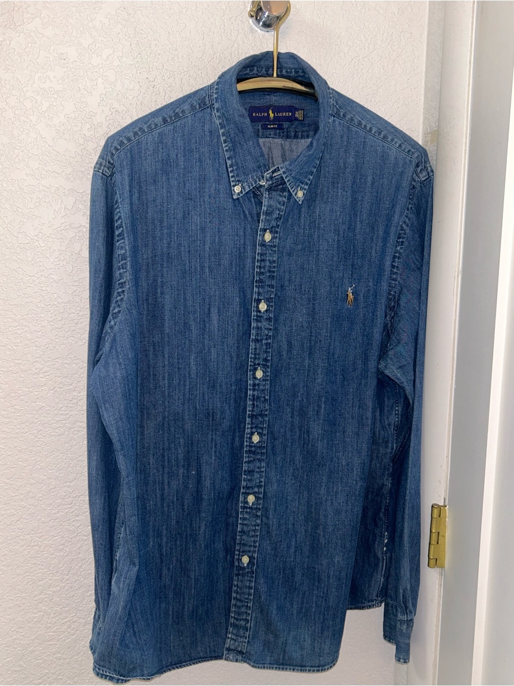 RALPH LAUREN The Classic Denim Slim Fit Button Down Embroidered Shirt SZ: XXL